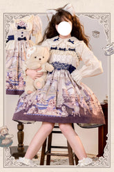 Robe JSK Lolita douce avec imprimé manoir de chat multicolore, broderie et nœud papillon